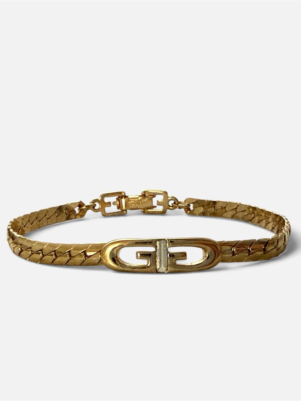 Vintage Givenchy Gold Tone Double G Center Charm Herringbone Bracelet